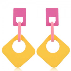 Dangling Hollow Square Acrylic Women Costume Earrings - Yellow