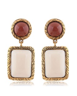 Resin Square Gem Pendant Vintage Bold Fashion Women Statement Earrings - White