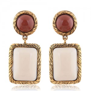 Resin Square Gem Pendant Vintage Bold Fashion Women Statement Earrings - White