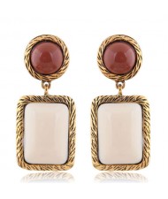 Resin Square Gem Pendant Vintage Bold Fashion Women Statement Earrings - White