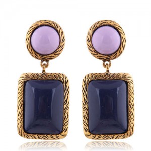 Resin Square Gem Pendant Vintage Bold Fashion Women Statement Earrings - Blue