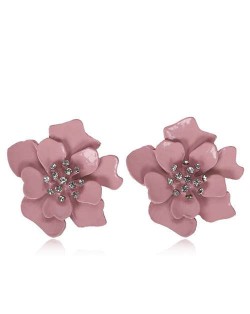 Rhinestone Embellished Oil-spot Glaze Flower Women Fashion Earrings - Ink Pink