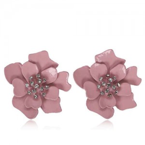 Rhinestone Embellished Oil-spot Glaze Flower Women Fashion Earrings - Ink Pink