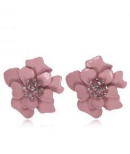 Rhinestone Embellished Oil-spot Glaze Flower Women Fashion Earrings - Ink Pink