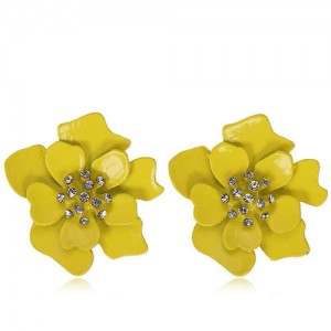 Rhinestone Embellished Oil-spot Glaze Flower Women Fashion Earrings - Yellow