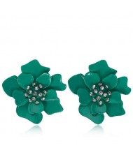 Rhinestone Embellished Oil-spot Glaze Flower Women Fashion Earrings - Green