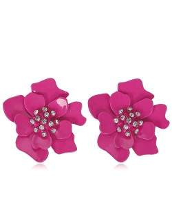 Rhinestone Embellished Oil-spot Glaze Flower Women Fashion Earrings - Rose