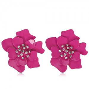 Rhinestone Embellished Oil-spot Glaze Flower Women Fashion Earrings - Rose