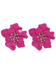 Rhinestone Embellished Oil-spot Glaze Flower Women Fashion Earrings - Rose