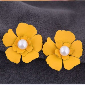 Artificial Pearl Inlaid Painted Flower Alloy Earrings - Yellow