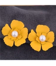 Artificial Pearl Inlaid Painted Flower Alloy Earrings - Yellow