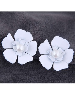 Artificial Pearl Inlaid Painted Flower Alloy Earrings - White
