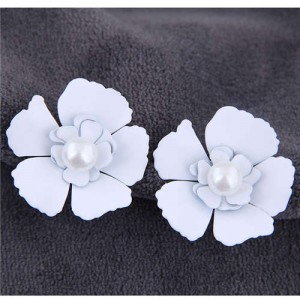 Artificial Pearl Inlaid Painted Flower Alloy Earrings - White