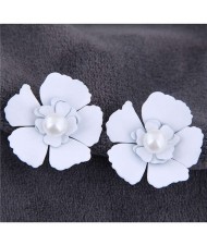 Artificial Pearl Inlaid Painted Flower Alloy Earrings - White
