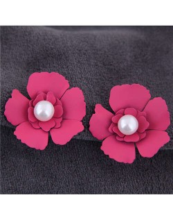 Artificial Pearl Inlaid Painted Flower Alloy Earrings - Rose