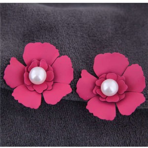 Artificial Pearl Inlaid Painted Flower Alloy Earrings - Rose