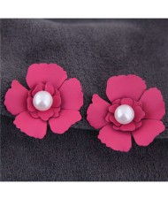 Artificial Pearl Inlaid Painted Flower Alloy Earrings - Rose
