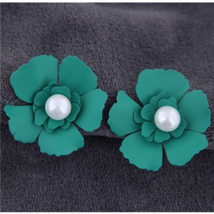Artificial Pearl Inlaid Painted Flower Alloy Earrings - Green