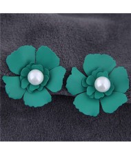 Artificial Pearl Inlaid Painted Flower Alloy Earrings - Green