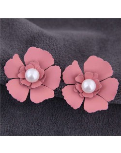 Artificial Pearl Inlaid Painted Flower Alloy Earrings - Ink Pink