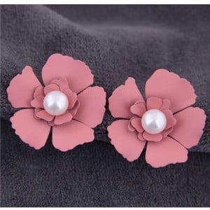 Artificial Pearl Inlaid Painted Flower Alloy Earrings - Ink Pink
