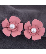 Artificial Pearl Inlaid Painted Flower Alloy Earrings - Ink Pink