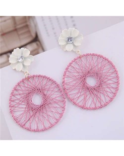 Flower Decorated Weaving Pattern Hoop Design Women Costume Earrings - Pink