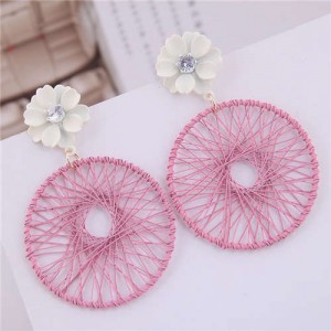 Flower Decorated Weaving Pattern Hoop Design Women Costume Earrings - Pink