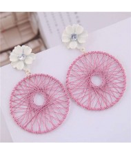Flower Decorated Weaving Pattern Hoop Design Women Costume Earrings - Pink