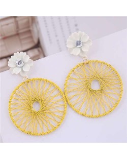 Flower Decorated Weaving Pattern Hoop Design Women Costume Earrings - Yellow