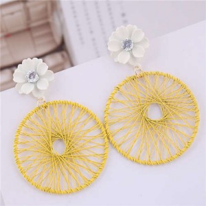 Flower Decorated Weaving Pattern Hoop Design Women Costume Earrings - Yellow