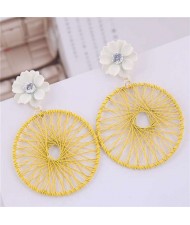 Flower Decorated Weaving Pattern Hoop Design Women Costume Earrings - Yellow