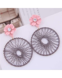 Flower Decorated Weaving Pattern Hoop Design Women Costume Earrings - Gray