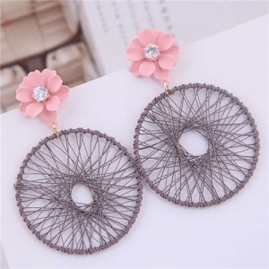 Flower Decorated Weaving Pattern Hoop Design Women Costume Earrings - Gray