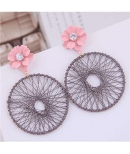 Flower Decorated Weaving Pattern Hoop Design Women Costume Earrings - Gray