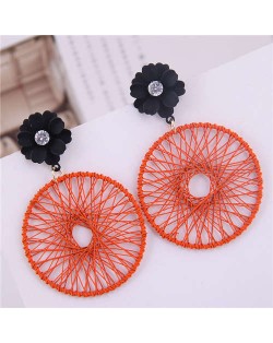Flower Decorated Weaving Pattern Hoop Design Women Costume Earrings - Orange