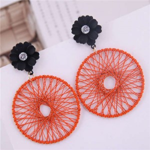 Flower Decorated Weaving Pattern Hoop Design Women Costume Earrings - Orange