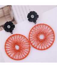Flower Decorated Weaving Pattern Hoop Design Women Costume Earrings - Orange