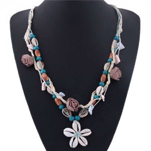 Seashell Flower Bohemian Fashion Summer Style Women Statement Necklace - Blue