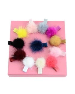 (12 pcs) Fluffy Ball Decorated Baby Girl Hair Clip Set