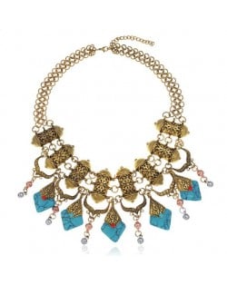Artificial Turquoise Embellished Vintage Design Bold Fashion Women Statement Bib Necklace - Golden