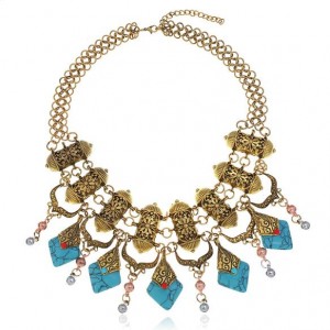 Artificial Turquoise Embellished Vintage Design Bold Fashion Women Statement Bib Necklace - Golden