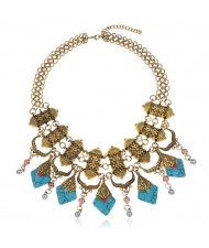 Artificial Turquoise Embellished Vintage Design Bold Fashion Women Statement Bib Necklace - Golden