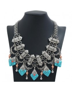 Artificial Turquoise Embellished Vintage Design Bold Fashion Women Statement Bib Necklace - Silver