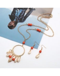 Turquoise Beads Decorated Seashell Tassel Hoop Pendant Design Women Fashion Necklace and Earrings Set - Red