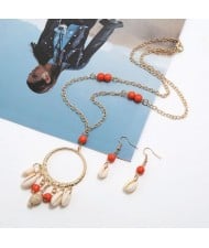 Turquoise Beads Decorated Seashell Tassel Hoop Pendant Design Women Fashion Necklace and Earrings Set - Red