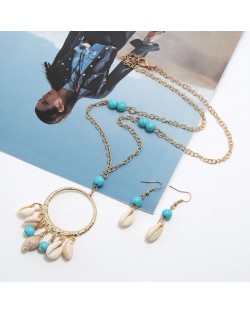 Turquoise Beads Decorated Seashell Tassel Hoop Pendant Design Women Fashion Necklace and Earrings Set - Blue