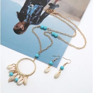 Turquoise Beads Decorated Seashell Tassel Hoop Pendant Design Women Fashion Necklace and Earrings Set - Blue