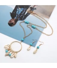 Turquoise Beads Decorated Seashell Tassel Hoop Pendant Design Women Fashion Necklace and Earrings Set - Blue