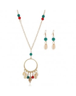 Turquoise Beads Decorated Seashell Tassel Hoop Pendant Design Women Fashion Necklace and Earrings Set - Multicolor